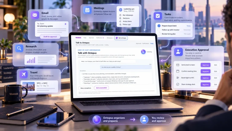 Waldok AI Chief of Staff interface coordinating email, meetings, tasks, research, travel, and executive approvals