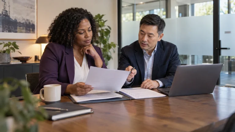 A business owner and security adviser review confidential documents before approving AI use.