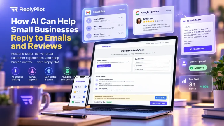 ReplyPilot dashboard drafting email and Google review responses for human approval