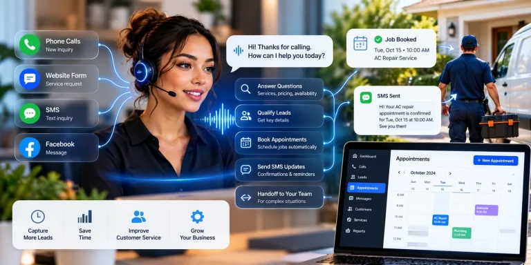 AI receptionist dashboard handling calls, messages, appointments, and human handoffs for a home-service business
