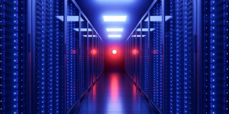 Rows of illuminated data center servers representing small-business web hosting infrastructure