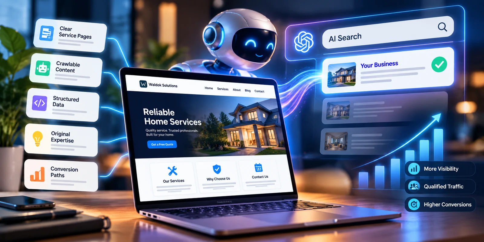 AI search interface presenting structured home-service business information from a company website