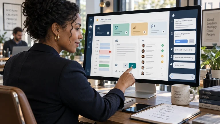 Operations manager reviewing schedules, messages, team assignments, and approval tasks on a central dashboard