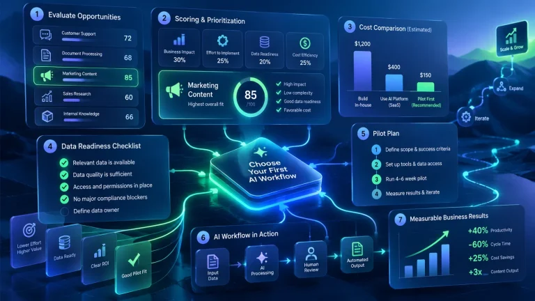 AI workflow evaluation dashboard comparing opportunities, data readiness, costs, risks, and measurable results