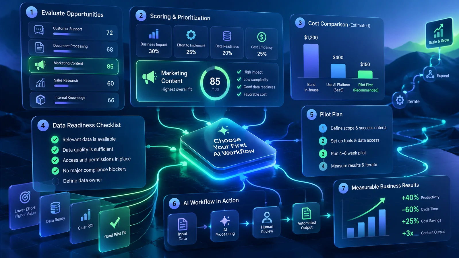 AI workflow evaluation dashboard comparing opportunities, data readiness, costs, risks, and measurable results