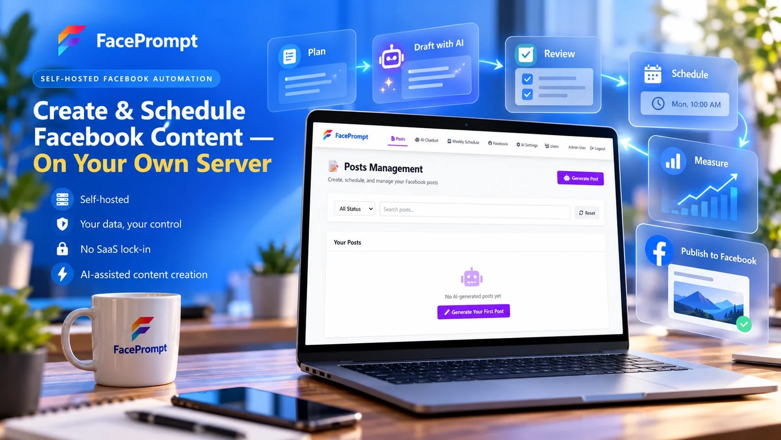 FacePrompt dashboard for creating, reviewing, and scheduling Facebook content on a privately hosted server