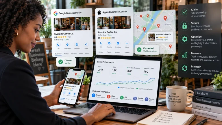 Business owner managing Google Business Profile and Apple Business Connect listings on a laptop and phone