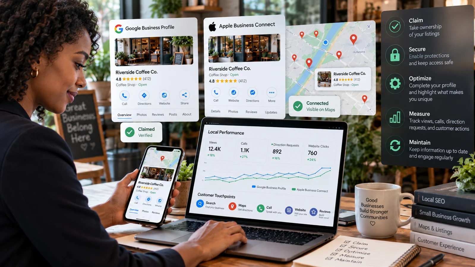 Business owner managing Google Business Profile and Apple Business Connect listings on a laptop and phone
