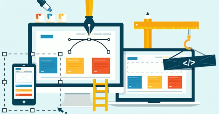 Illustration of responsive website layouts being designed across desktop, laptop, and mobile screens