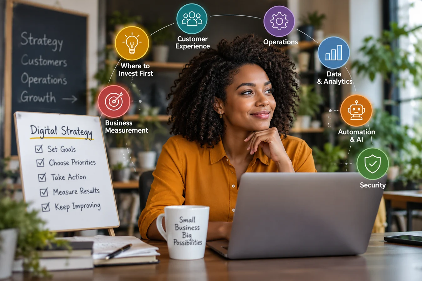Small-business owner planning a digital strategy across customers, operations, analytics, AI automation, and security