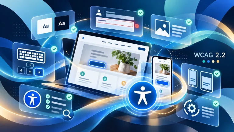 Responsive website screens surrounded by WCAG 2.2 accessibility controls and interface elements