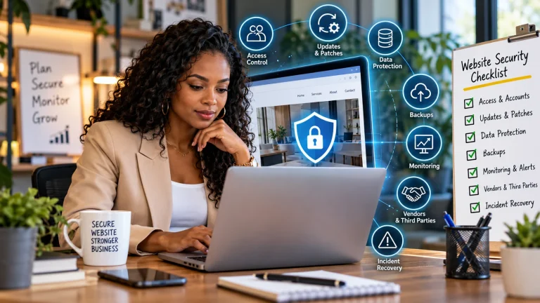 Small-business owner reviewing a website security checklist beside a protected laptop dashboard